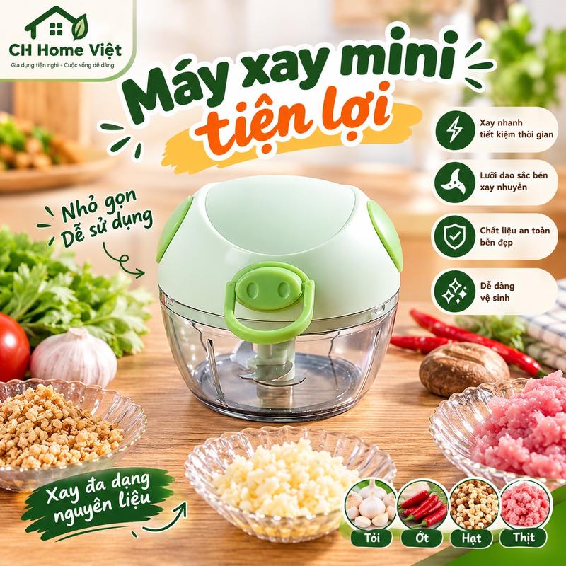 Máy Xay Tỏi Ớt Mini Cầm Tay-Loại 3 Lưỡi Dao Sắc Bén-Xay Rau Củ Thực Phẩm Hình Con Lợn