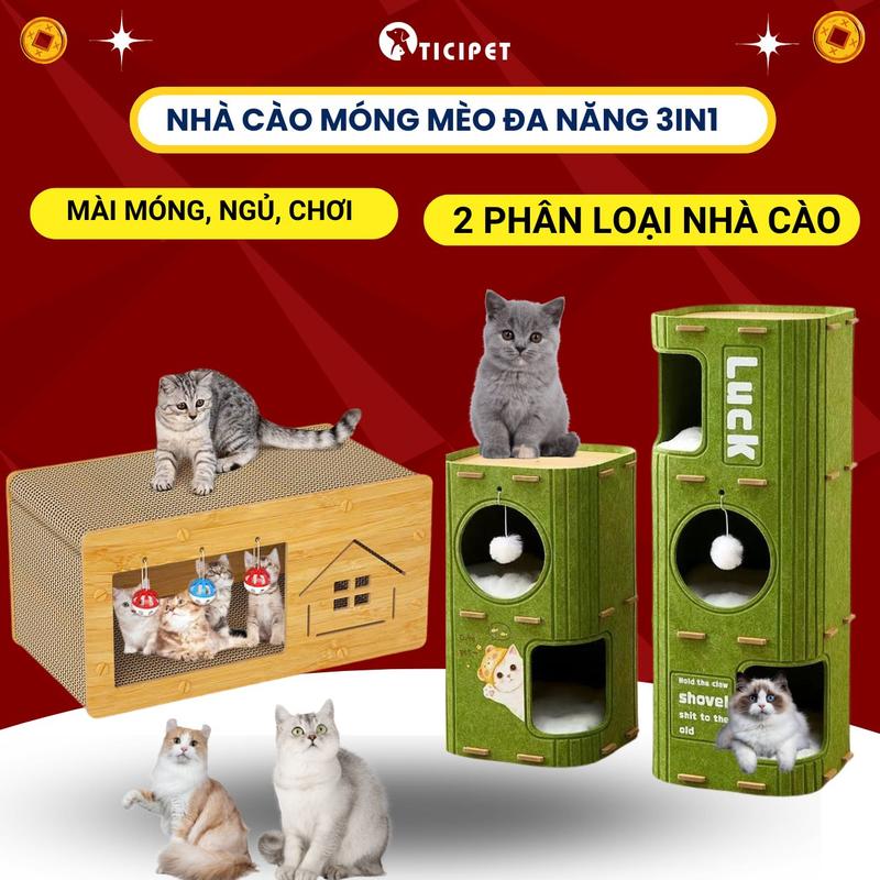 Bàn cào móng cho mèo kết hợp nhà mèo đa năng 3in1,  NHIỀU MẶT cào tiện lợi, Ổ cào móng mèo chống mài mòn, bền chắc hỗ trợ mài móng mèo cực tốt, nhà cào móng mèo kết hợp chuông trò chơi giúp mèo giải trí, giảm stress TiCipet