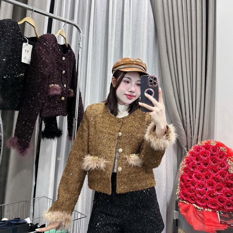  Áo khoác dạ kim tuyến plink cổ tay và miệng túi đính lông túi đính đá pha lê - Top Jacket Nữ Women 