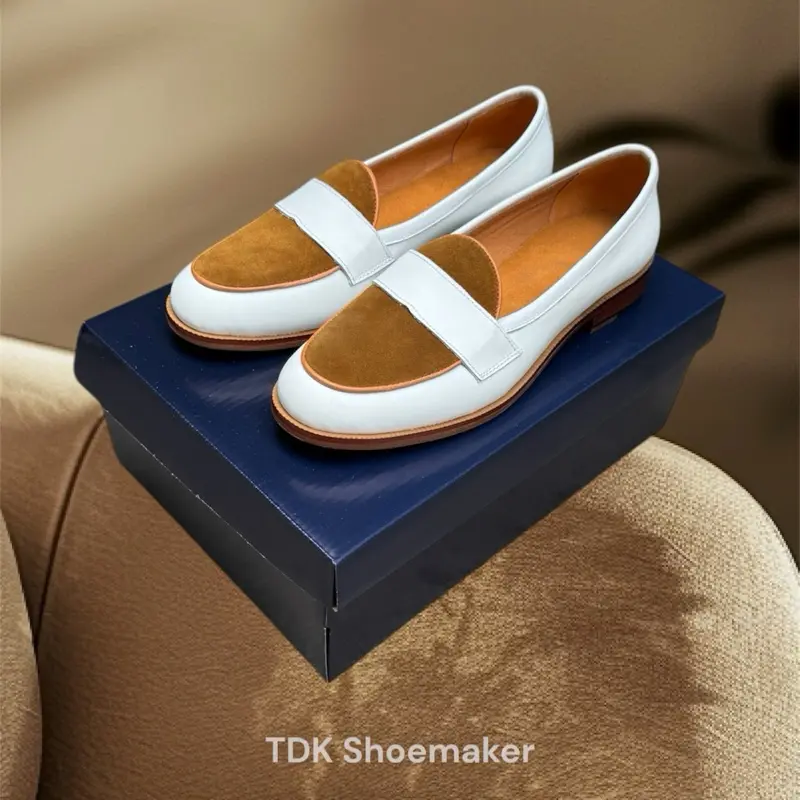 Penny Loafer Trắng Phối Da Lộn Nâu sang trọng, cao cấp hệ Satorial 1