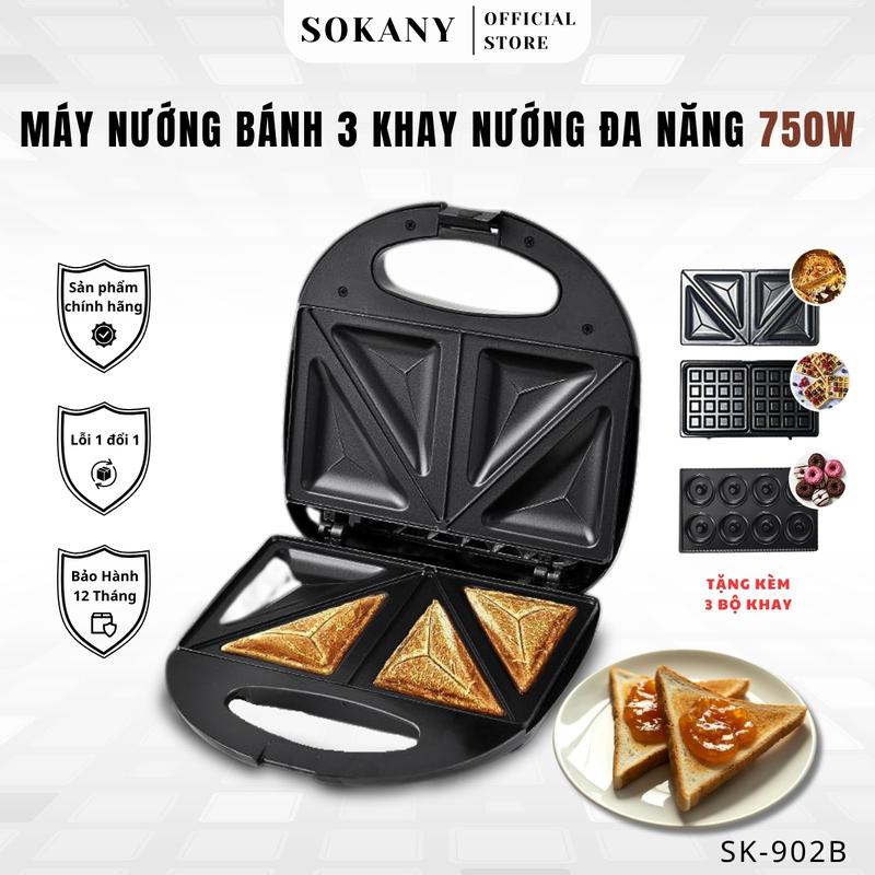 Máy kẹp bánh mì sandwich SOKANY 3 KHAY nướng công suất lớn 750W SK902B