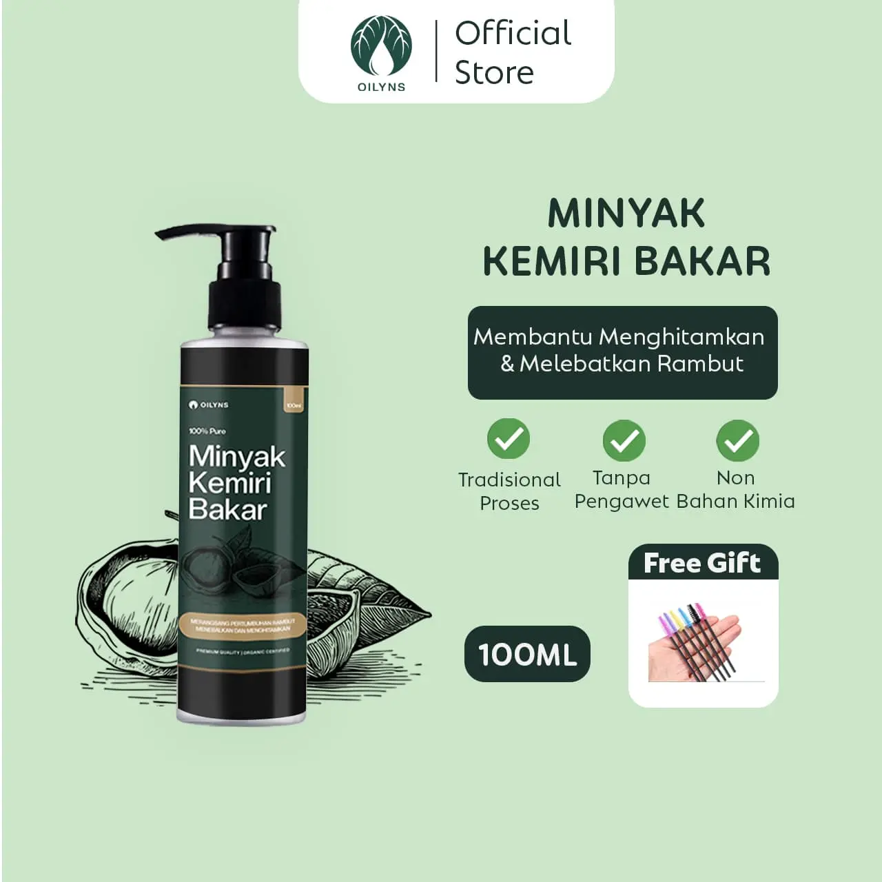 Oilyns - Minyak Kemiri Bakar 100ml - Penumbuh Rambut, Brewok, Jenggot, Alis & Bulu Mata, Menghitamkan, Menebalkan, Melebatkan, Haircare Herbal Melembutkan