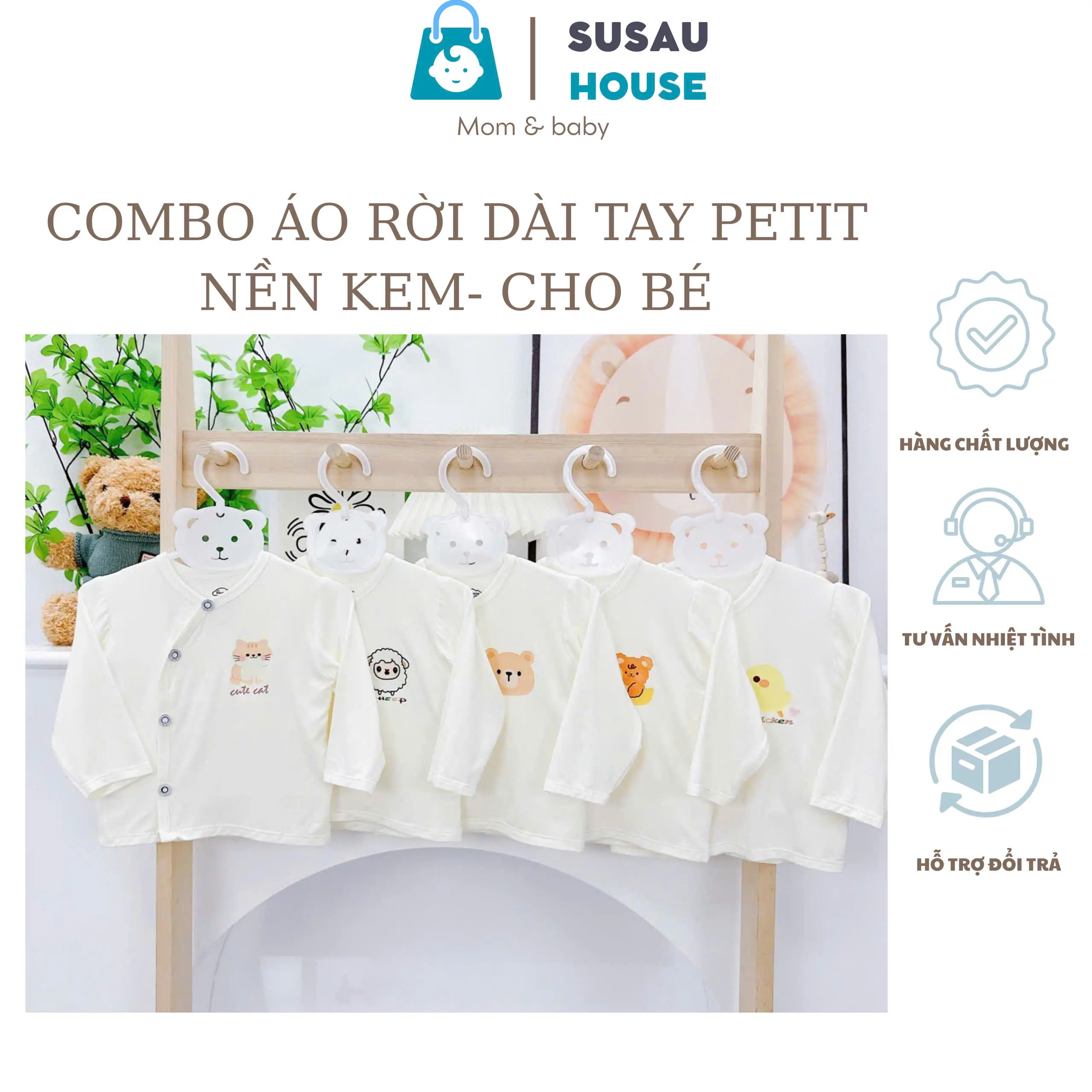 Combo 3-5 Áo Rời DÀI TAY Pettit Nền Kem HQ Siêu Mềm Cho Bé Sơ Sinh