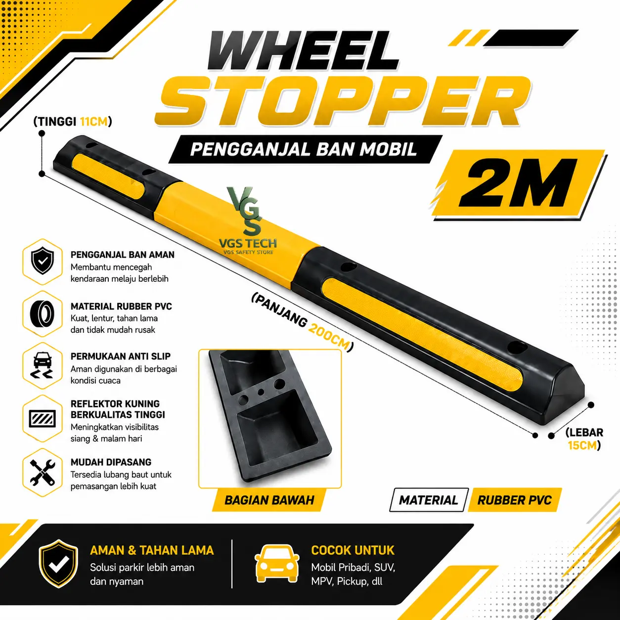 Wheel Stopper Heavy Duty Karet Parkir Mobil Anti Geser Reflektif 200 Cm