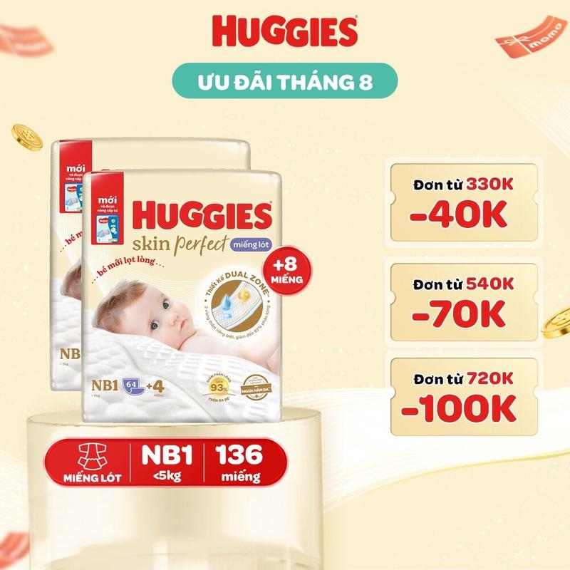  Combo 2 Miếng lót sơ sinh Huggies Skin Perfect với 2 vùng thấm giảm kích ứng da Size NB1 64+4 NB1 108+6 NB2 60 