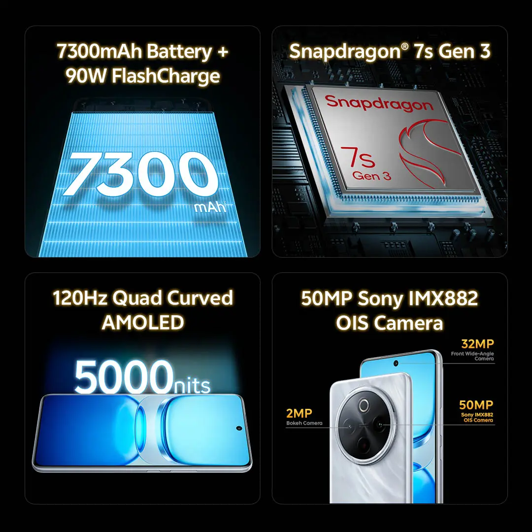 vivo iQOO Z10 , 7300mAh + 90Watt, Snapdragon 7s Gen 3, AnTuTu 822,705, 120Hz Quad-Curved AMOLED, 50MP Sony IMX + OIS