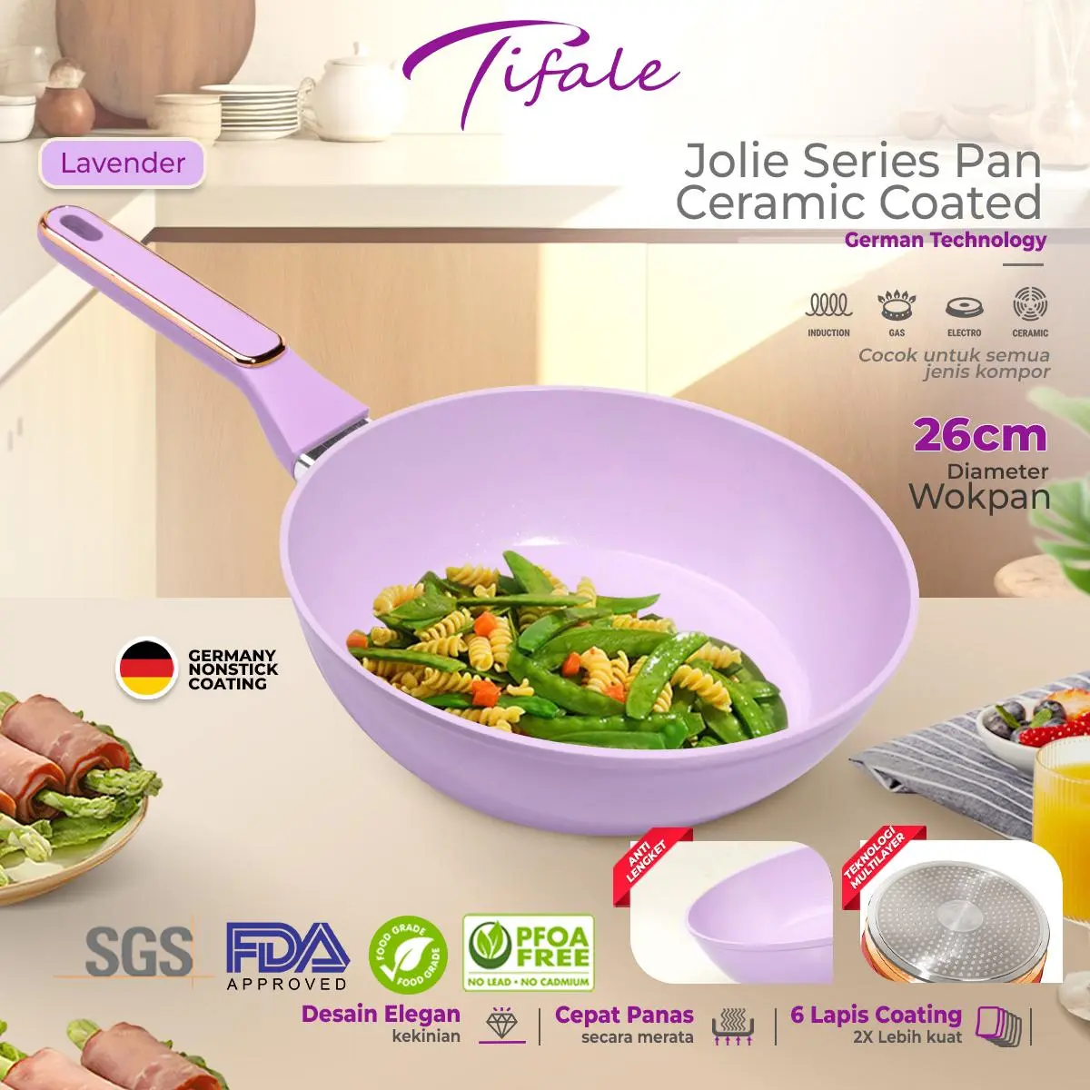 [NABUNG 1 AUG]  Tifale Aesthetic Jolie Pan Lavender Wokpan 26 cm Ceramic coated Premium Wajan Panci Penggorengan Granite Marble Anti Lengket Non-Stick