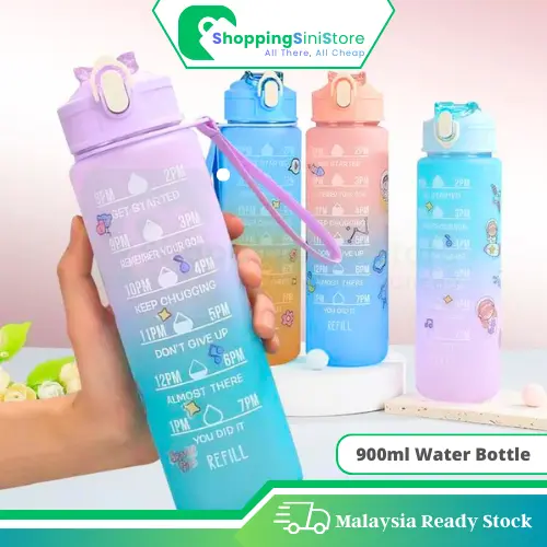 900ml Water Bottle Gradient Design Botol Air Comel Viral Cute Portable Scale Bottle Pink Silicone Straw Kitchenware