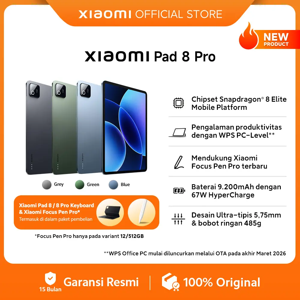 Xiaomi Pad 8 Pro (8/256GB) (12/512GB) | Tablet Android  | Chipset Snapdragon 8 Elite Mobile Platform | Pengalaman produktivitas dengan WPS PC-Level | Pendukung Xiaomi Focus Pen Pro terbaru | Baterai 9.200mAh dengan 67W HyperCharge [Xiaomi Official Store]