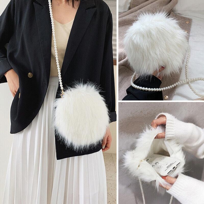 Túi Đeo Vai Lông Giả Cho Nữ Túi Đeo Chéo Tròn Mini Lông Mịn Ngọc Trai Túi Xách Màu Trắng