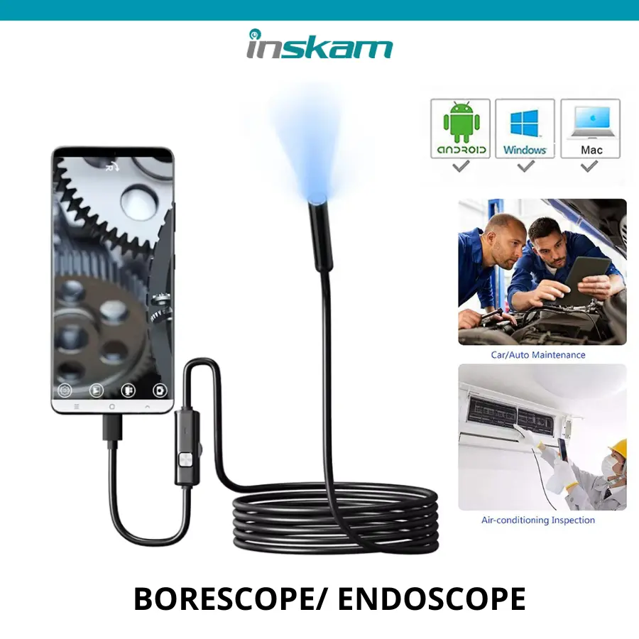 Inskam Kamera Inspeksi Borescope Endoskopi IP67 Anti Air Bisa Android PC 6 LED Kabel 2 Meter Resolusi 640x480P Stainless Steel Plug & Play USB-C