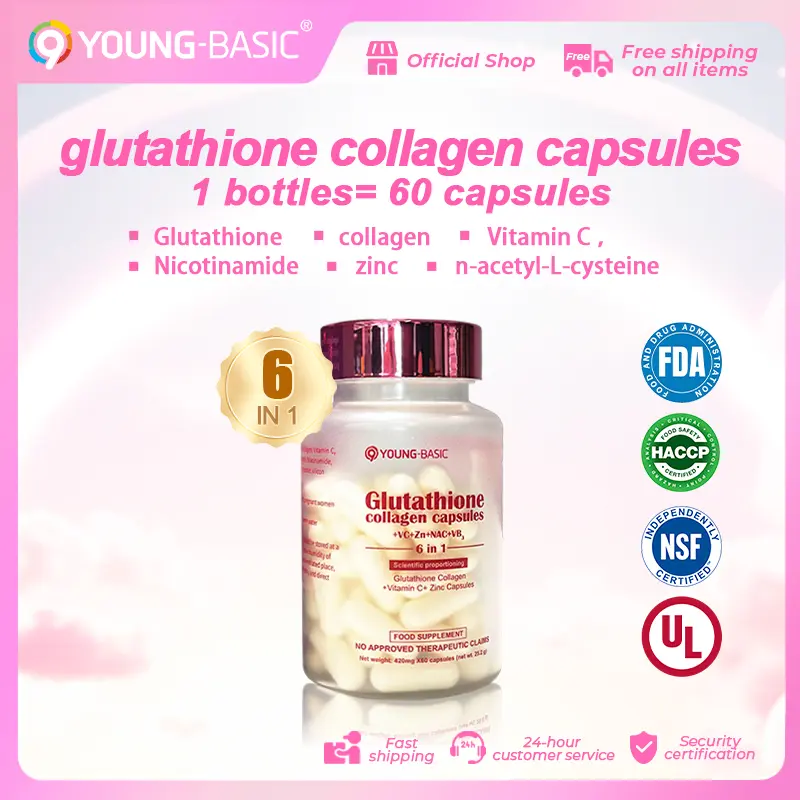 9YOUNG-BASIC FDA certified  Glutathione collagen capsules 1 bottles，total contains: 420mg x 60 tablets, 1 tablet contains： L-Glutathione 220mg,collagen 100mg,Vitamin C 34mg，Niacin 14mg，zinc 2mg | 6 in 1 | Scientific formula | skin care | Easy to absorb