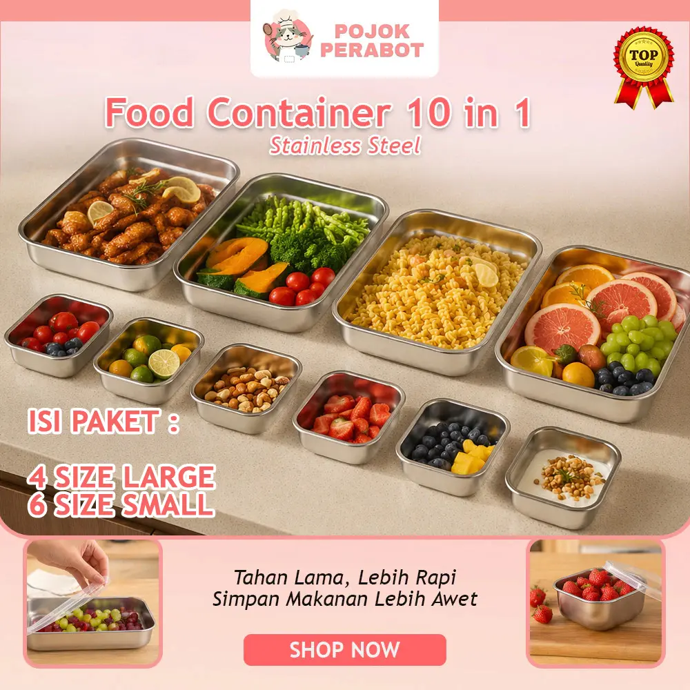 Food Container 10 IN 1 Set Stainless Steel 304 Food Box Anti Karat Wadah Penyimpanan Buah Sayur