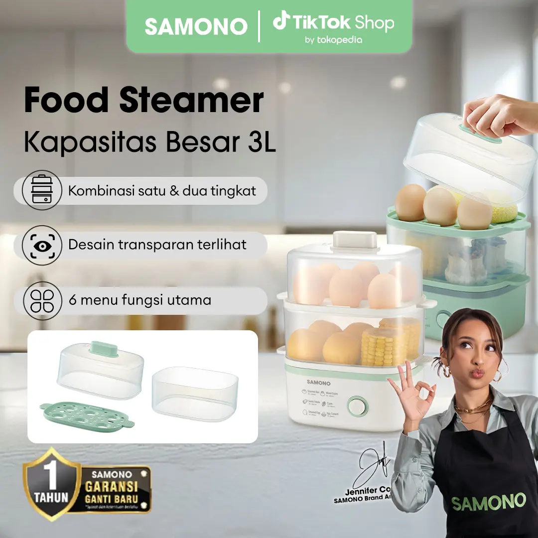 (FLASH 9.9) SAMONO SW-FS200 Food Steamer Pengukus Makanan Elektrik 3L 2 Tingkat Transparan Stainless Steel