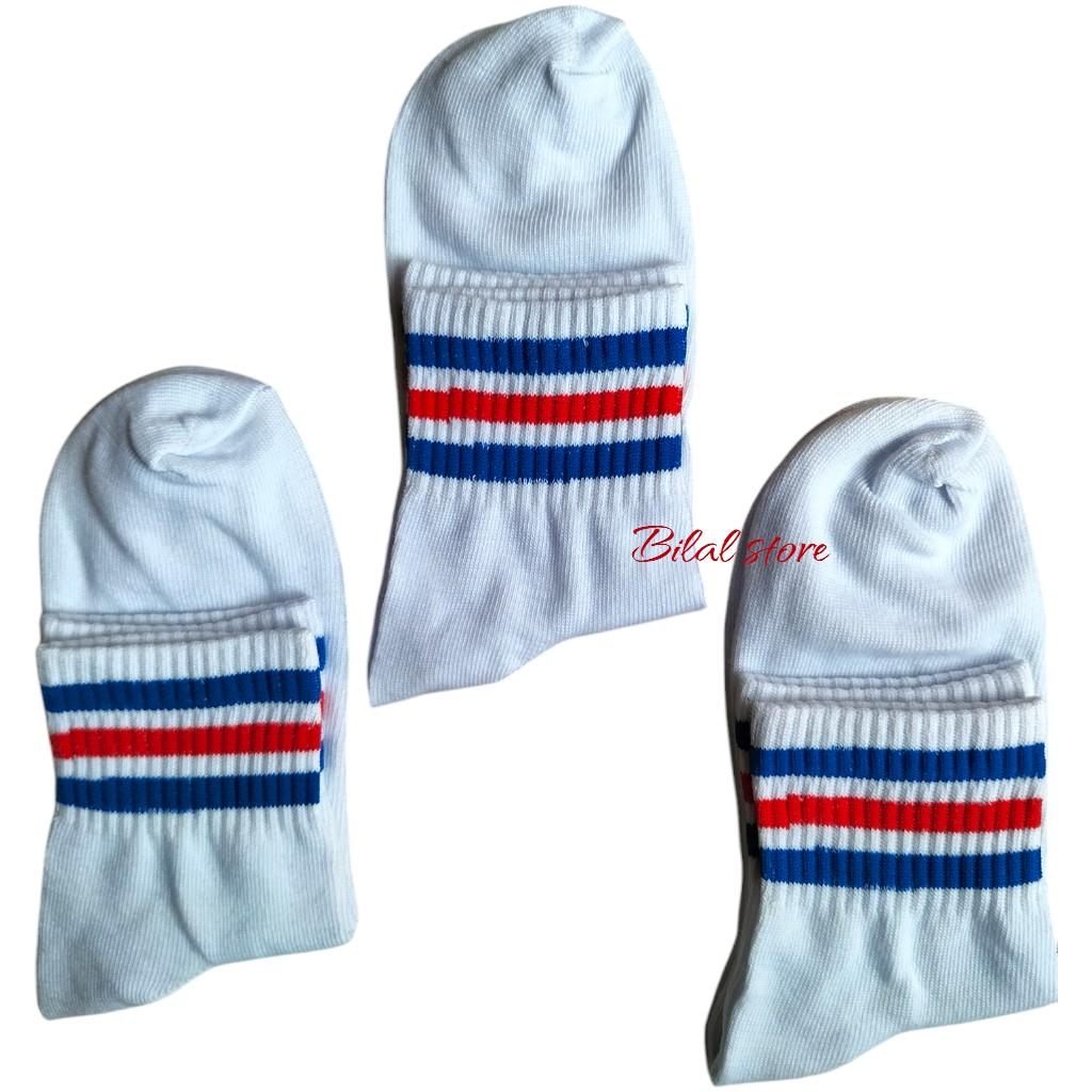 Kaos Kaki Oldschool Putih Strip Garis Tiga Pendek Atas Mata Kaki - 1 Pasang Pria Wanita Katun Nyaman Lembut