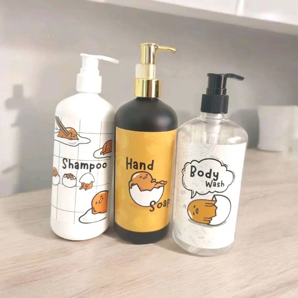 Botol Pump Gudetama 500ML Free Stiker / Botol Pump Sabun Cair refill 500 ML / Botol Shampoo bayi refill 500 ML Gold Plastik Putih
