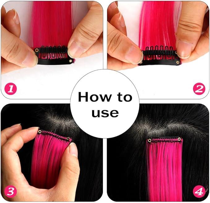 Coloured Hair Extensions,12 Pcs Rainbow Hair Extensions,Colored Clip In Hair Extension,Colorful Party Highlights Hair Synthetic Hairpieces,20 Inch Colorful Long Straight Hair Wig 3