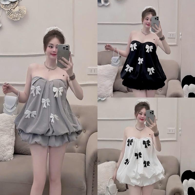 Set bộ áo cúp ngực bí phồng đính nhiều nơ kèm chân váy bí phồng dễ thương duyên dáng cho nàng di chơi đi dạo phố