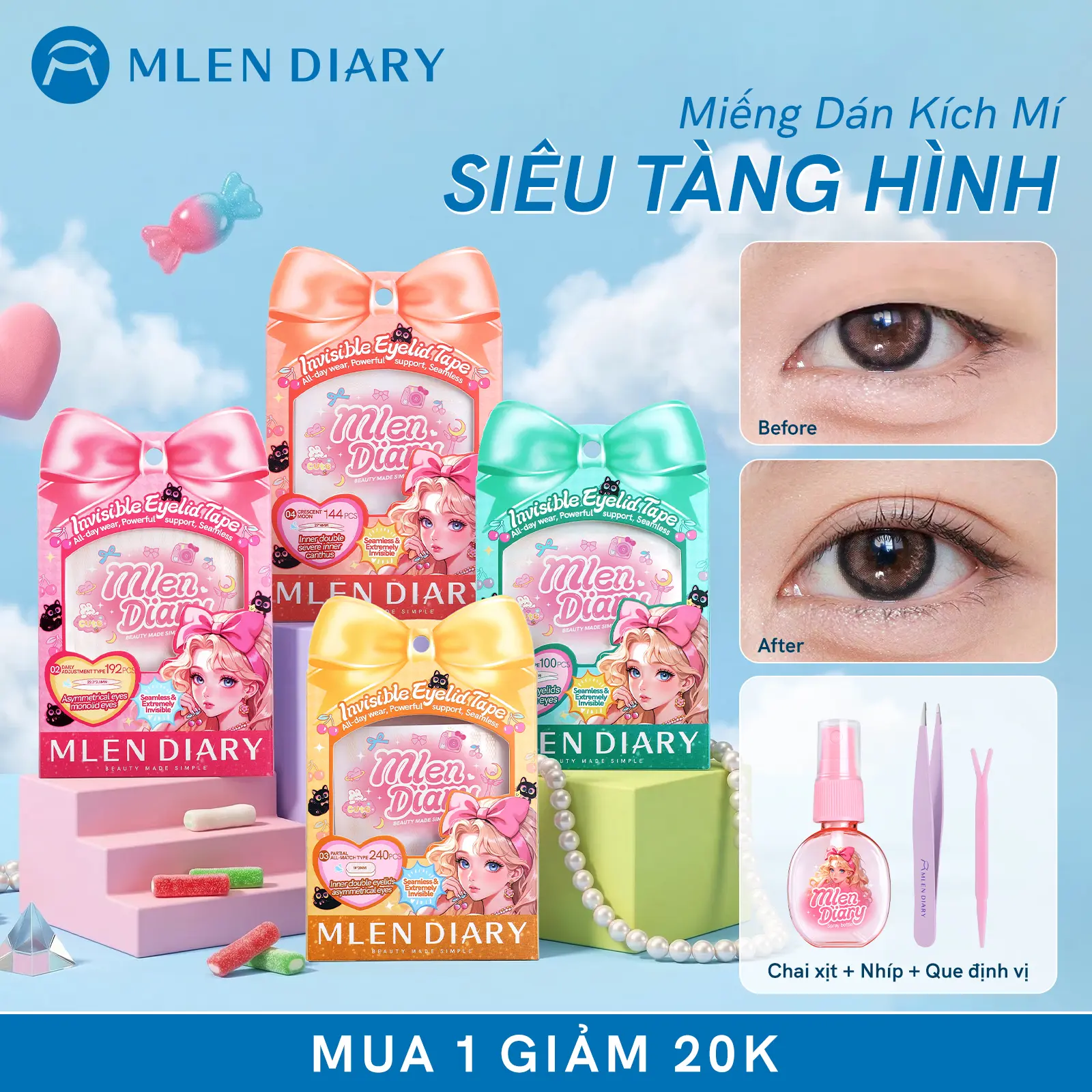 Mlen Diary - Miếng Dán Kích Mí Lưới Tàng Hình Tự Nhiên Phù Hợp Cho Mọi Dáng Mắt, Nhiều Lựa Chọn Dễ Dùng Cho Người Mới Bắt Đầu- Kích Mí Không Gây Lộ, Tự Nhiên Cả Khi Không Makeup