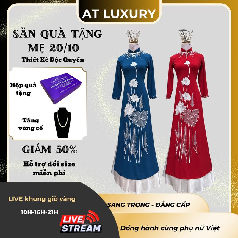 Áo dài thêu xuyến chị vải lụa mango cổ truyền thống đính kết dành cho các bà, mẹ Dress Màu Đỏ Sen Hoa Sen