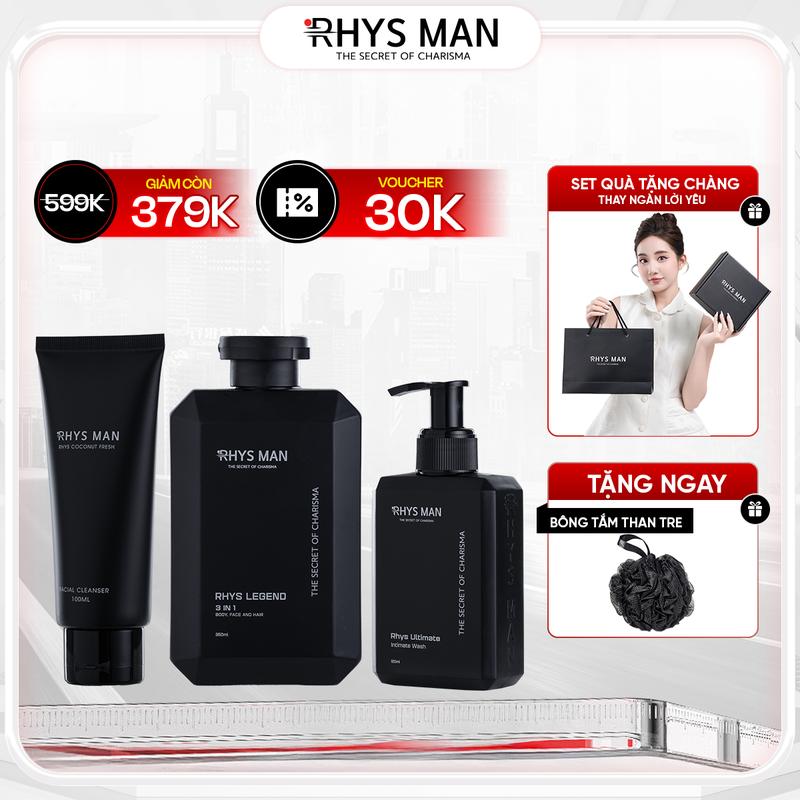 Combo Lịch Lãm RHYS MAN (Sữa tắm gội 350ml & Sữa rửa mặt hương dừa 100ml & Gel vệ sinh nam 120ml) | Tặng: 1 Set Hộp & Túi