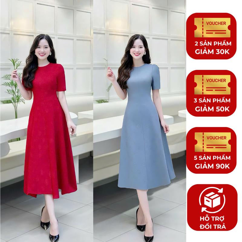 Đầm dự tiệc thiết kế Nhật Vy cổ tròn tay ngắn form dáng xòe chất liệu lụa xước công sở 4 màu nâu xanh dương đỏ đen nữ 40 tuổi - D324540