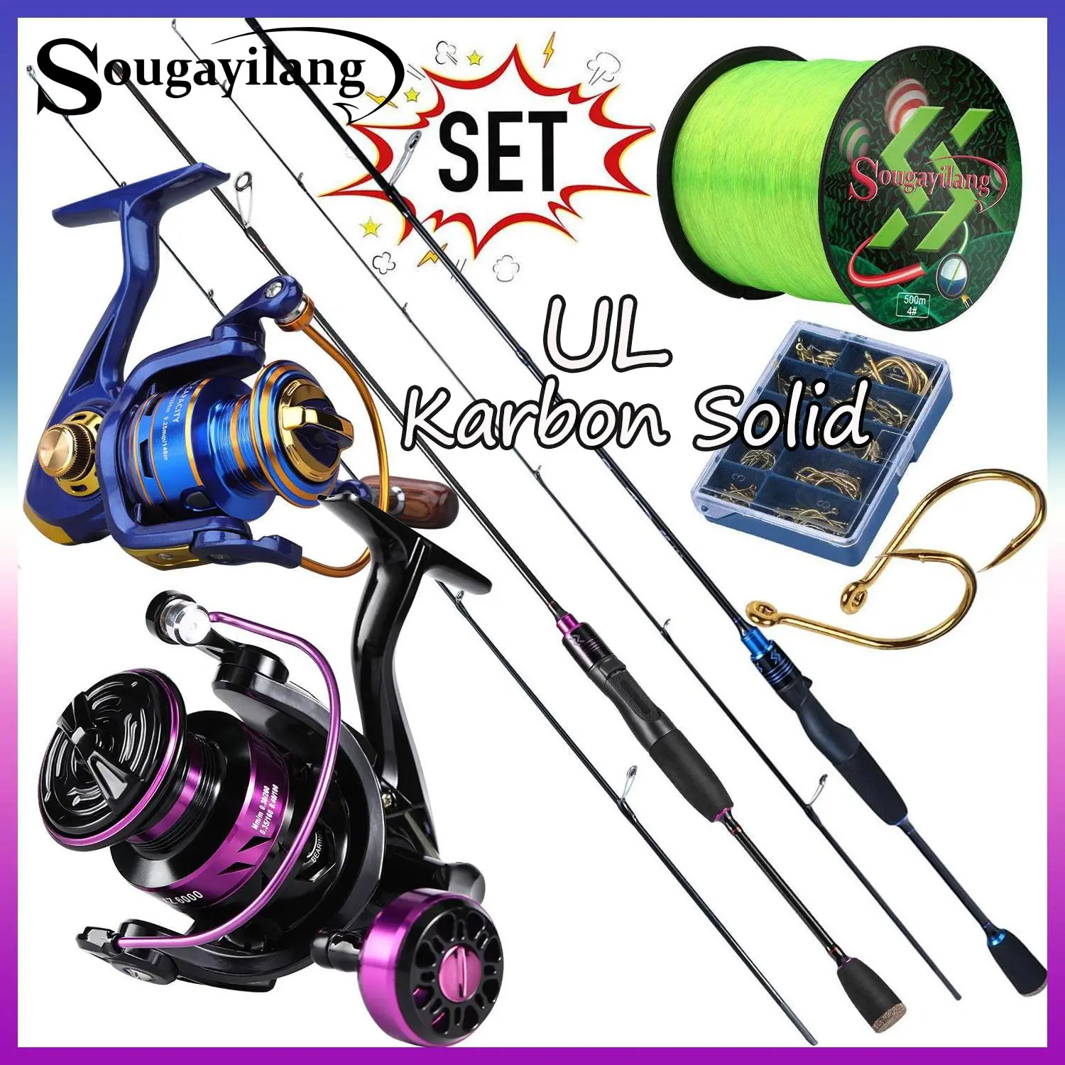 [COD]Sougayilang Set joran dan reel pancing Sougayilang Spinning 1.8m/2.1m 2bagian dengan pegangan pancing EVA Handle dan reel pancing berputar 5.2:1 dengan kail pancing sepanjang 500m Ikan Roda Umpan