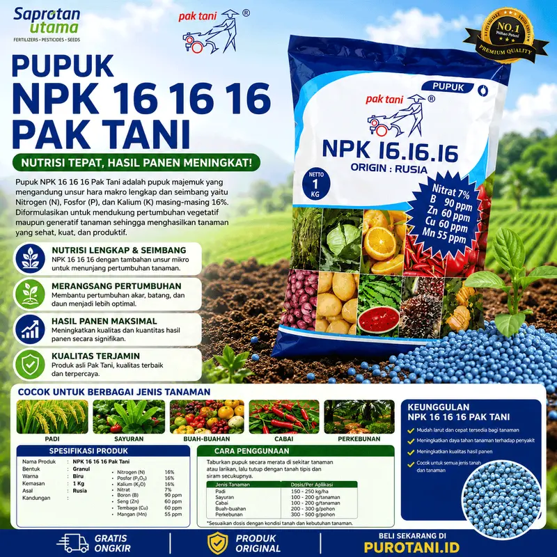 Pupuk NPK PAK TANI Mutiara 16-16-16 Penyubur Tanaman Buah Bunga Daun 1KG