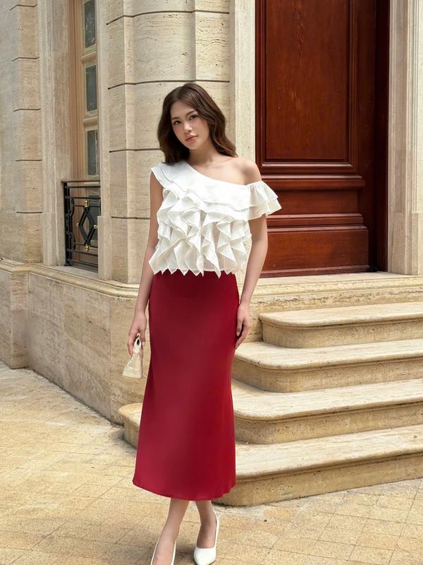  YU CHERRY Áo tơ nhún bèo lệch vai LAYERED OFF SHOULDER TOP YA522 thiết kế tinh tế cho phong cách thời trang hiện đại 