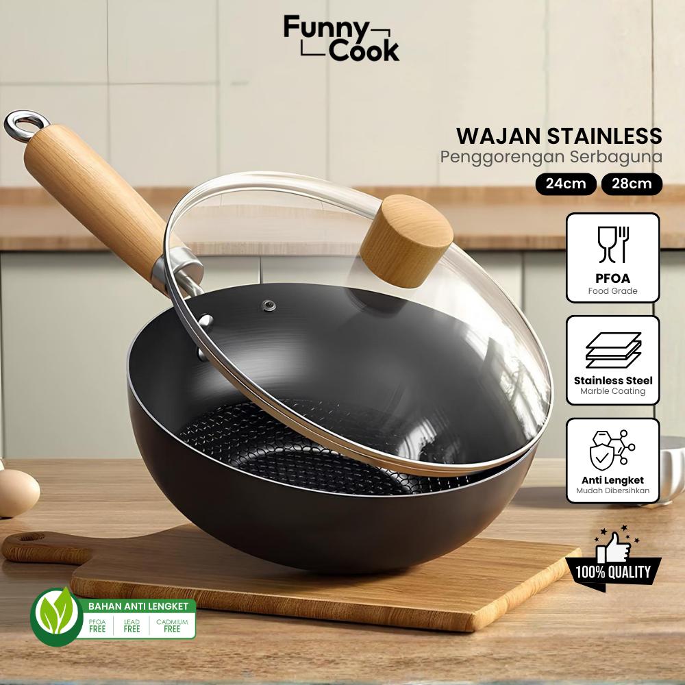 [CECE KETAR KETIR] PO 30 HARI Funnycook Wajan Stainless Honeycomb Wajan Penggorengan Serbaguna Stainless Steel Dengan Tutup Kaca dan Gagang Kayu Anti Panas Kitchenware