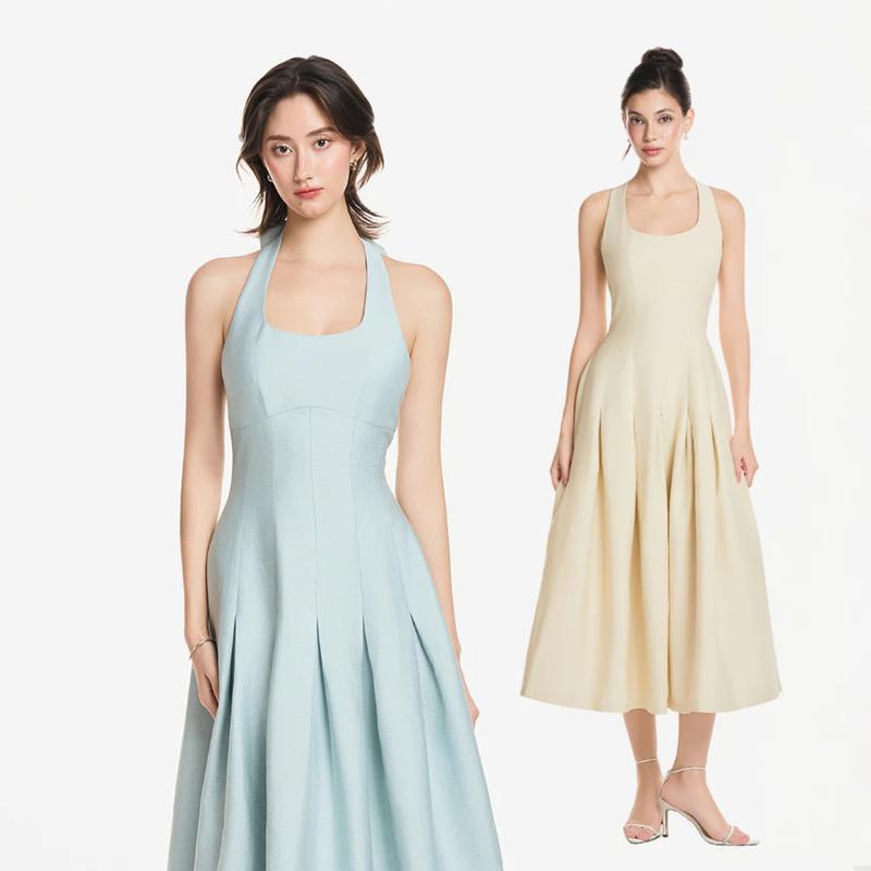 RECHIC Đầm dài Octavia dáng cổ yếm tà xòe chiết eo sang trọng tôn dáng