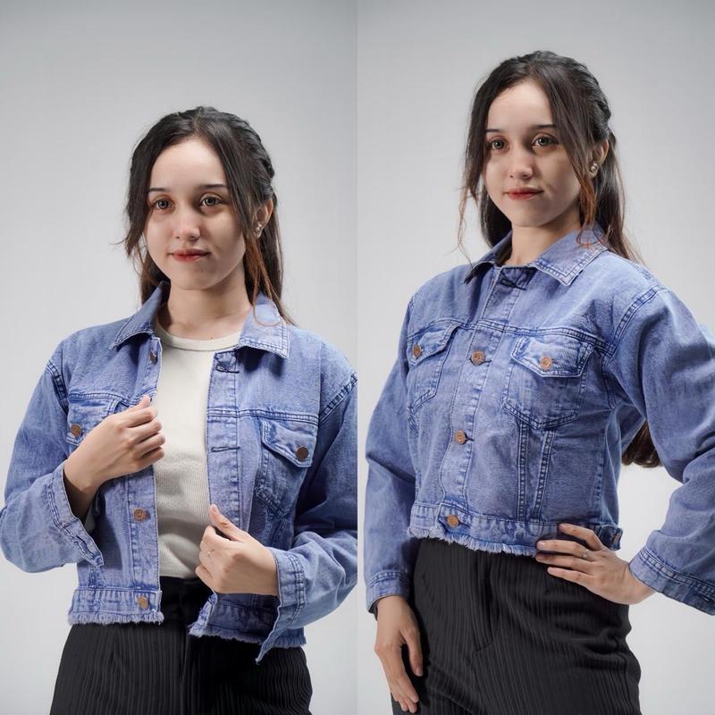 lucretia -Jaket Jeans Crop Rawis Unfinished  Panjang Softjeans- Jaket Wanita Crop Rumbai-Jaket denim Crop Termurah - Pakaian Wanita Cewek Blazer outer 5