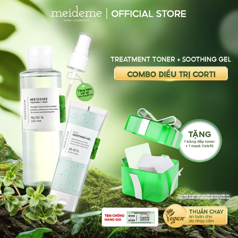 Combo ĐT Corti Gel Dưỡng MEIDEME Green Salvia Multi Soothing Gel 70ml + Toner MEIDEME Green Salvia Treatment Toner 200ML Tặng 1 Vòi Xịt Phun Sương +1 Bông Đắp Toner