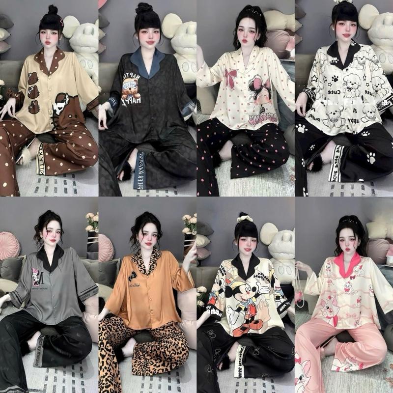   60-80kg  Set Bộ pijjama Cổ Lượn Tay Lỡ Quần Dài Nút Bọc Sang Chảnh chất Lụa Latin cao cấp Bigsize Nữ 