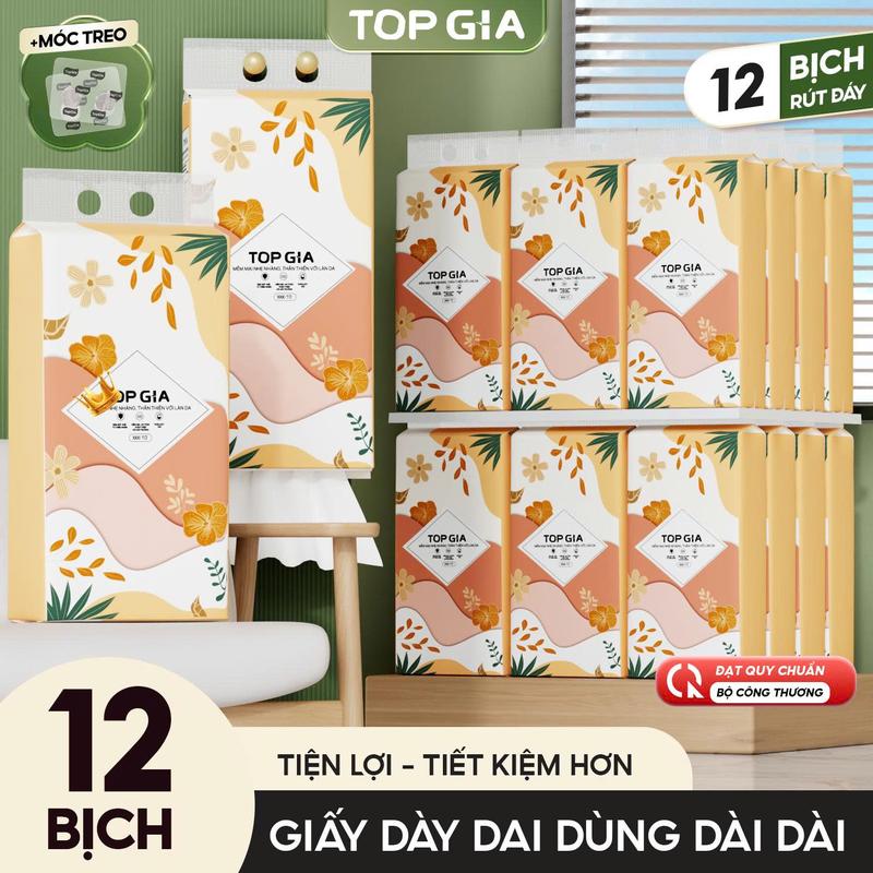 COMBO 12 BỊCH SIÊU TIẾT KIỆM Thùng 12 Bịch Khăn giấy cao cấp Tiểu Hạ TOPGIA 4 lớp mềm mịn an toàn lành tính + Tặng 4 móc treo ĐẠT QUY CHUẨN CỦA BỘ CÔNG THƯƠNG VTG86