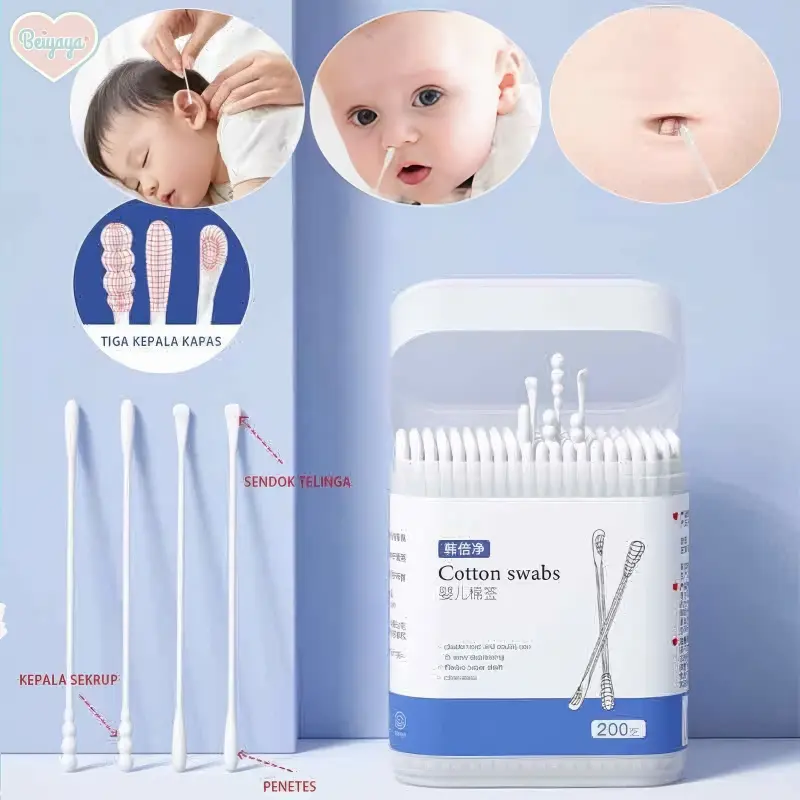 Cotton Bud Telinga untuk bayi 200pcs – Swab Spiral 2 Sisi Bayi & Anak, Ear Spoon, Ideal untuk Perawatan Telinga, Kapas Lembut, Higienis, dan Aman