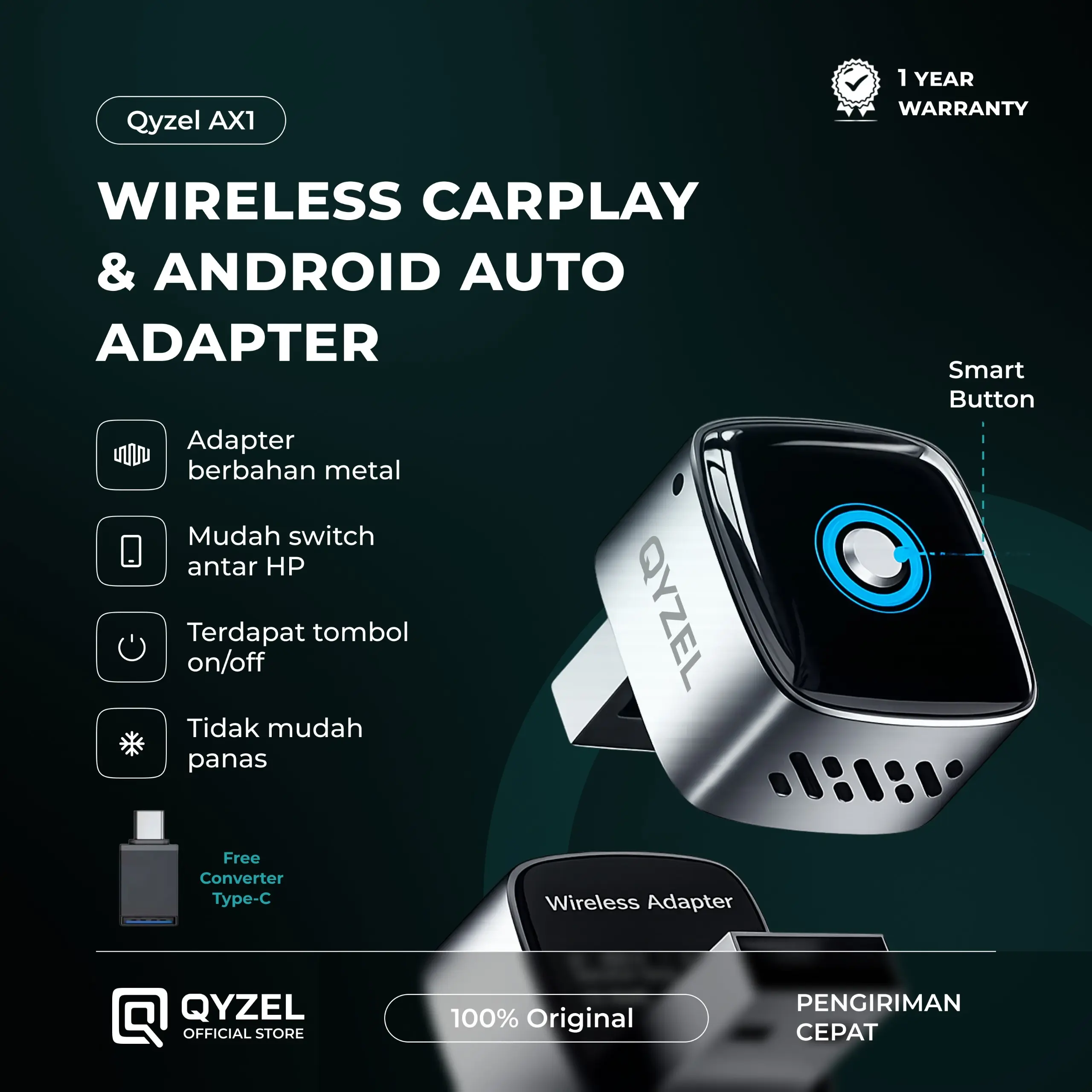 QYZEL AX1 Wireless iOS Apple Carplay Android Auto Adapter 2 In 1 Plug Play Smart Button | Dongle Carplay Android Auto | Switch Device | On Off Button