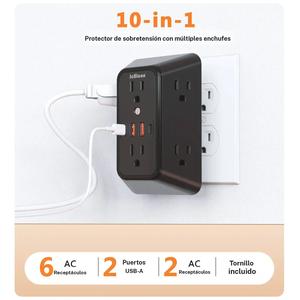 Protector contra sobretensiones, cargador de pared con 6 salidas de CA y 2 puertos USB-A y 2 puertos de carga USB-C, adaptador de pared con regleta de 3 lados para viajes en casa y oficina