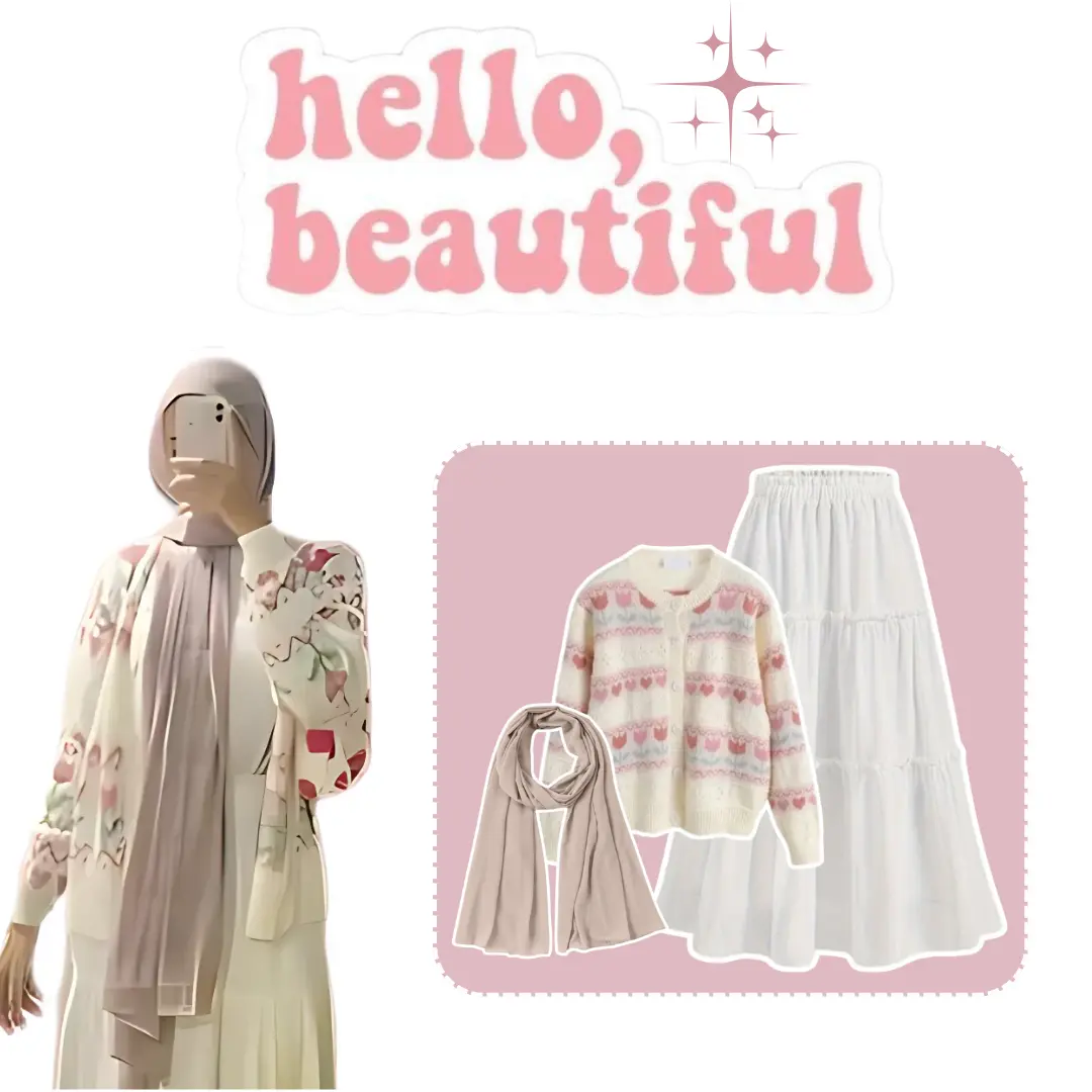 One set Wanita Korean Style 3in1 Hijab OOTD Outfit Kekinian Cardigan Love Rok Susun Pashmina | BS79 Ceruty Outer