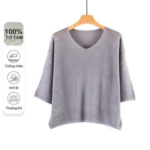 Áo thun nữ MuMeng [100% Lụa tơ tằm], Thiết kế dáng rũ, Nhanh khô, Cổ chữ V, Tay lửng, Màu trơn, Ôm dáng, Phù hợp cho mùa hè, Chống nhăn, Thoáng khí 5173