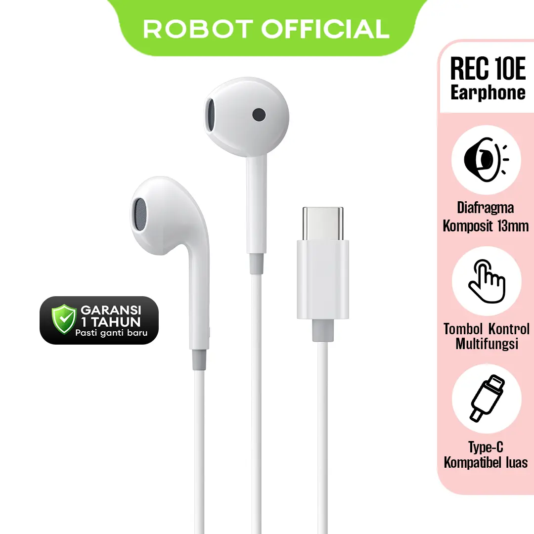 ROBOT Earphone Kabel REC 10E Headset Type-C 13mm Dynamic Driver Wired Earphone Semi In-Ear Bass with Mic & Volume Control - Garansi 1 Tahun - Bisa COD