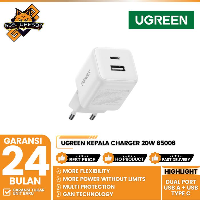 Gambar UGREEN Kepala Charger Dual Port USB A + USB Type C For Android iPhone Fast Charging 20W - 65006 dari GGSTORESBY Kota Surabaya Tokopedia