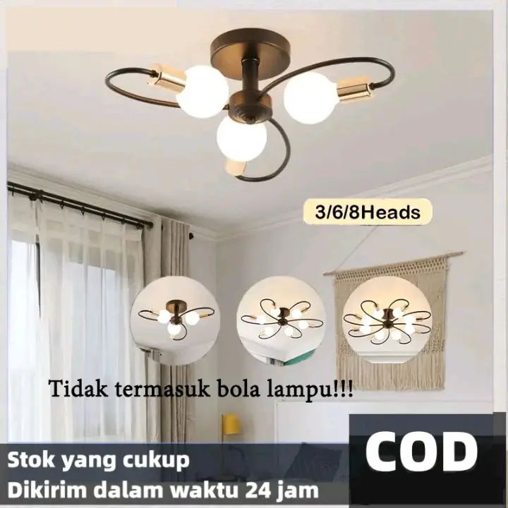 Lampu Plafon 3/6/8 LED E27 Industrial Besi Modern Minimalist untuk Ruang Tamu COD