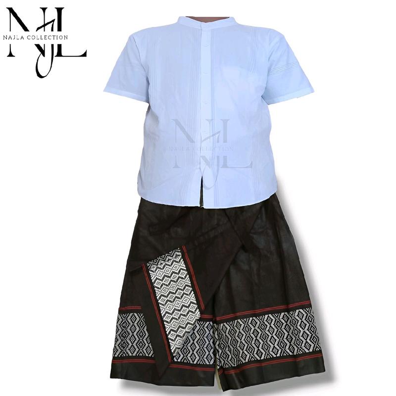 Setelan Koko Putih Anak Cowok Remaja Lengan Pendek SARKOCI Sarung Celana Motif+Baju Muslim Bahan Katun Terbaru Kombinasi kemeja laki2 6–12 baju laki 4