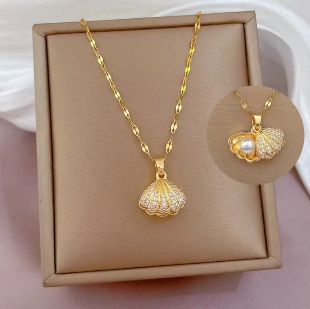 Kalung Titanium Pecah Kopi Plus Liontin Kerang Mutiara Terbaru Bentuk Unik Dan Elegan Anti Karat Anti Luntur Anti Alergi Aksesoris Fashion