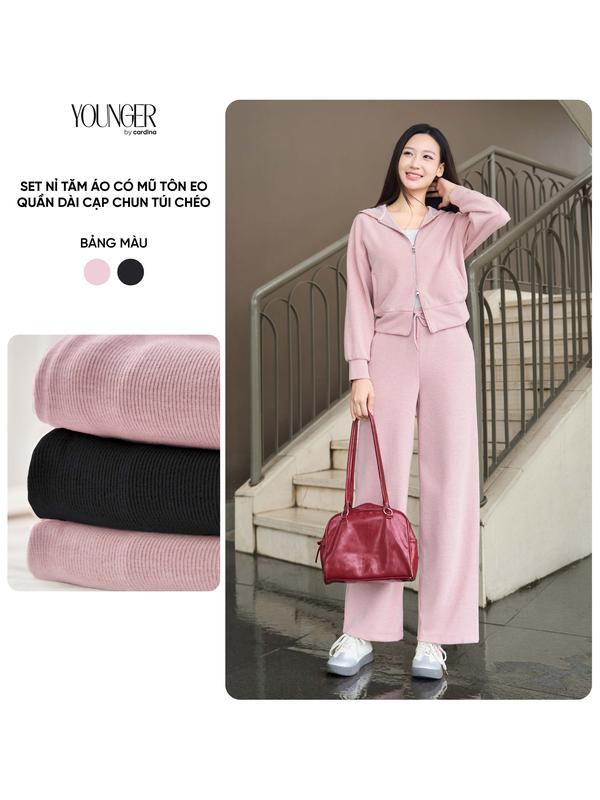 Đồ bộ nỉ nữ CARDINA tách sét chất liệu nỉ tăm thể thao áo dài tay có mũ và quần dài suông cạp chun 5YANF26 5YQDT26