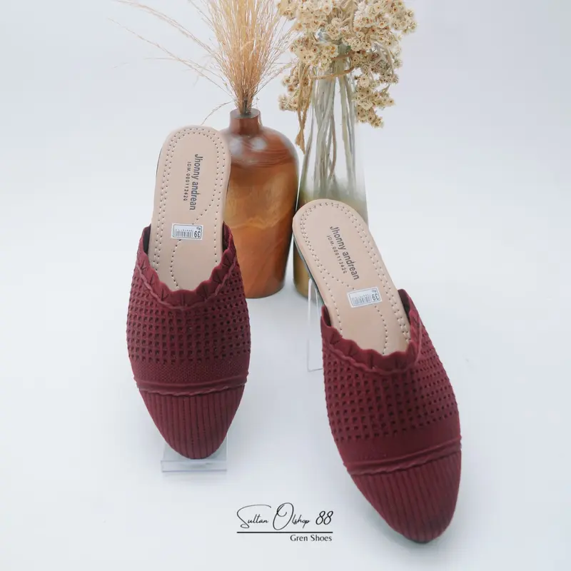 Slip On Mules Sandal Sepatu Rajut Wanita Hak Datar Karet Kasual 5