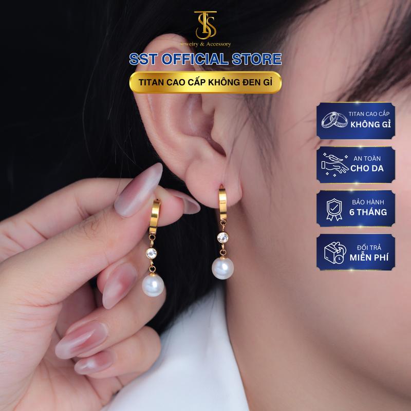 Bông tai nữ Titan Kiểu tòn ten ngọc trai đính đá khóa cài thanh lịch Không Đen Gỉ BT84