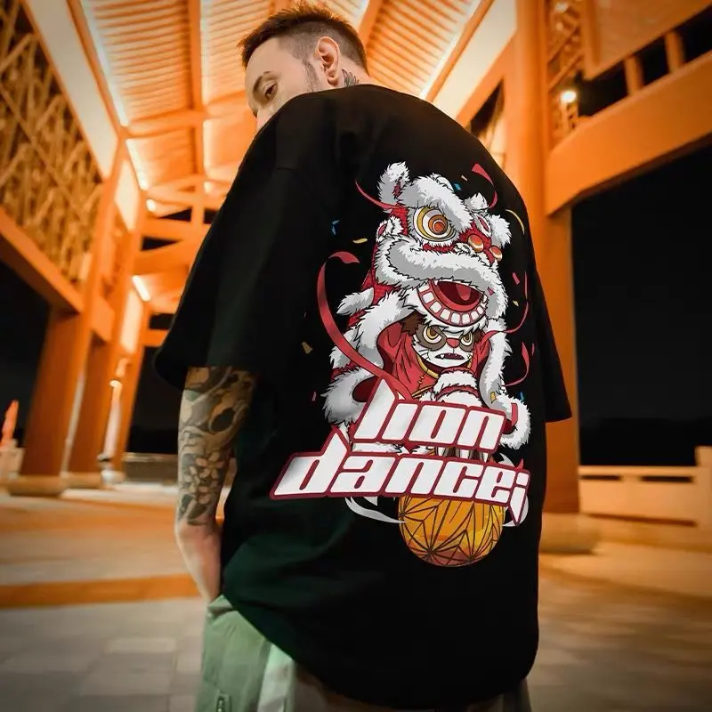Chinese Style Men's Summer Short Sleeve T-shirt Men's Half Sleeve Loose Couple Outfit Student All-Match Fashion Hip Hop National Style Top Human Streetwear Crewneck Round Neck Long