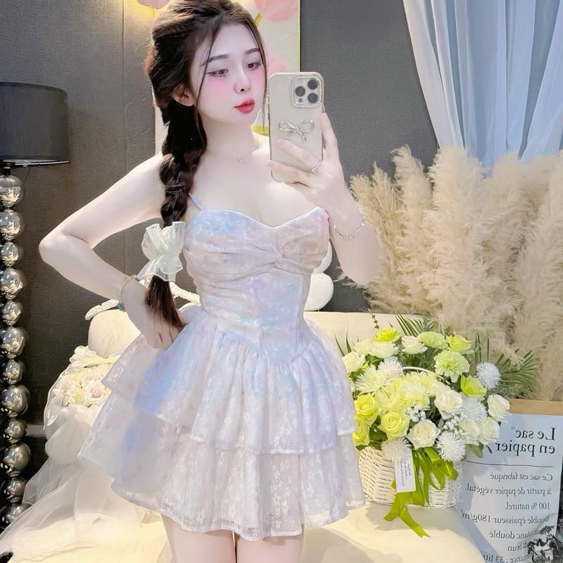 Pk81 Váy Dây Ren Lụa Xoắn Chân Tầng Xoè Bồng( ảnh thật) tôn dáng nữ tính,38-54kg,sz S/M